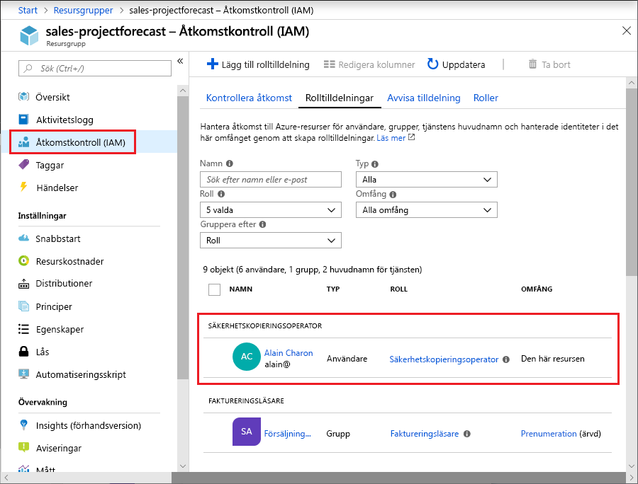 Skärmbild av Azure Portal som visar fönstret Rolltilldelning för åtkomstkontroll med avsnittet Säkerhetskopieringsoperator markerat.