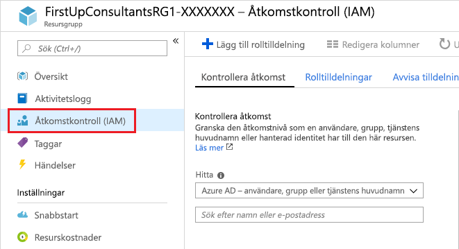 Skärmbild som visar alternativet Åtkomstkontroll (IAM) i resursgruppsfönstret.