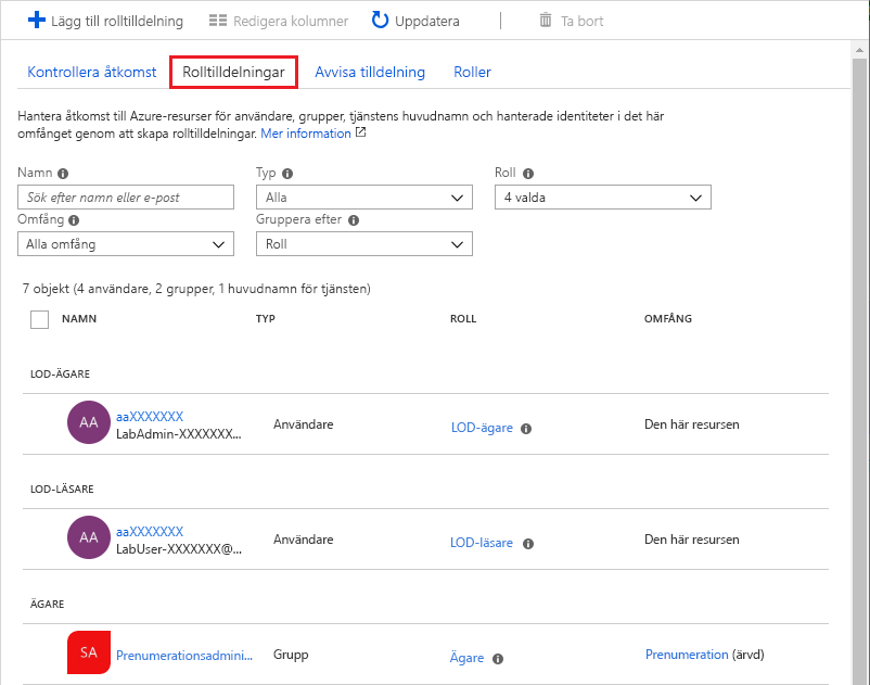 Skärmbild som visar fliken Rolltilldelningar för den valda resursgruppen.