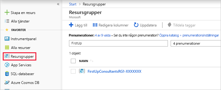 Skärmbild av Azure Portal som visar hur du söker efter resursgrupper.