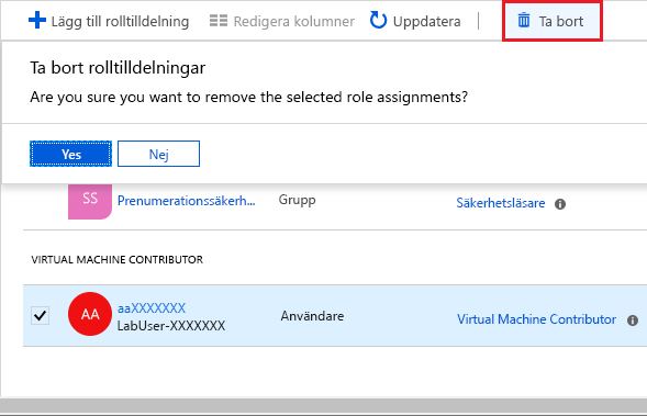 Screenshot that shows the Remove role assignment message.