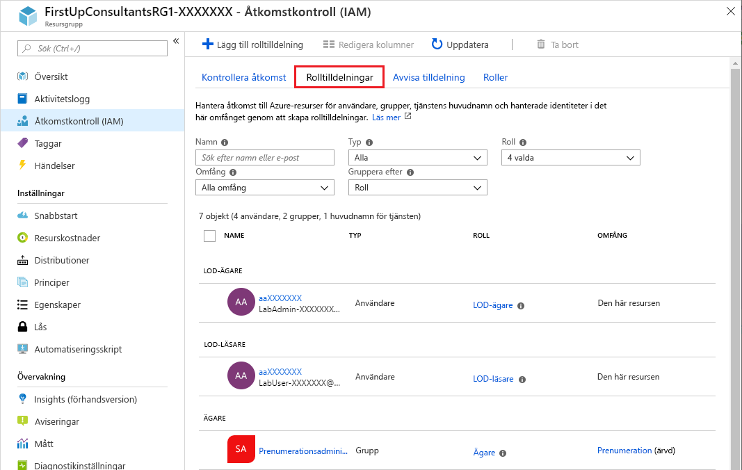 Screenshot showing Role assignments tab for the selected resource group.