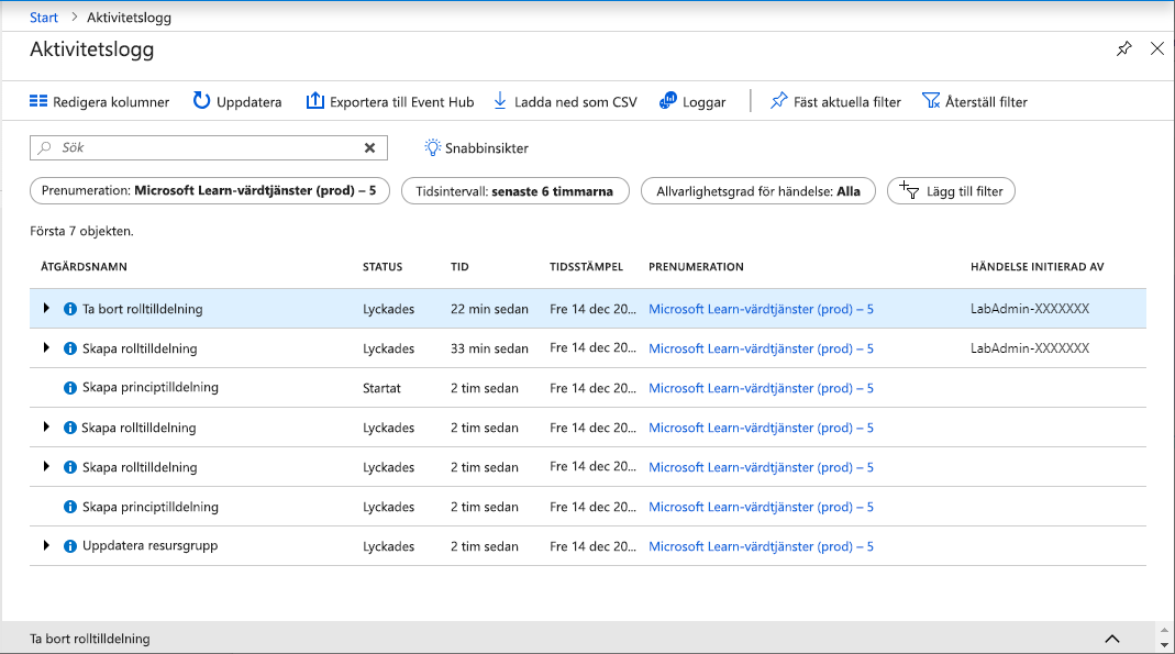 Screenshot of the Azure portal showing the Activity logs.