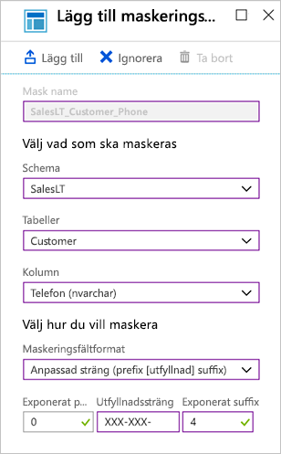 Skärmbild av Azure Portal som visar värdena för att lägga till maskningsregeln.