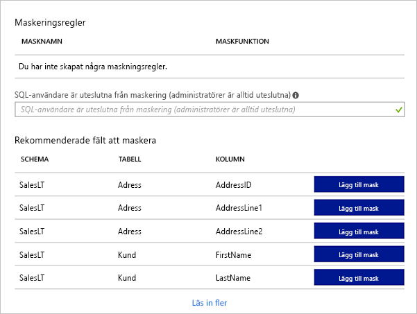 Skärmbild av Azure Portal som visar en lista över rekommenderade masker för de olika databaskolumnerna i en exempeldatabas.