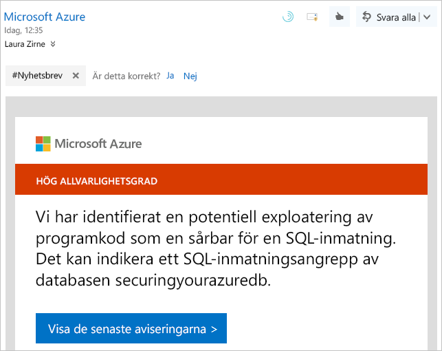 Skärmbild som visar ett exempel på en aviseringsvarning från Microsoft Defender för molnet.