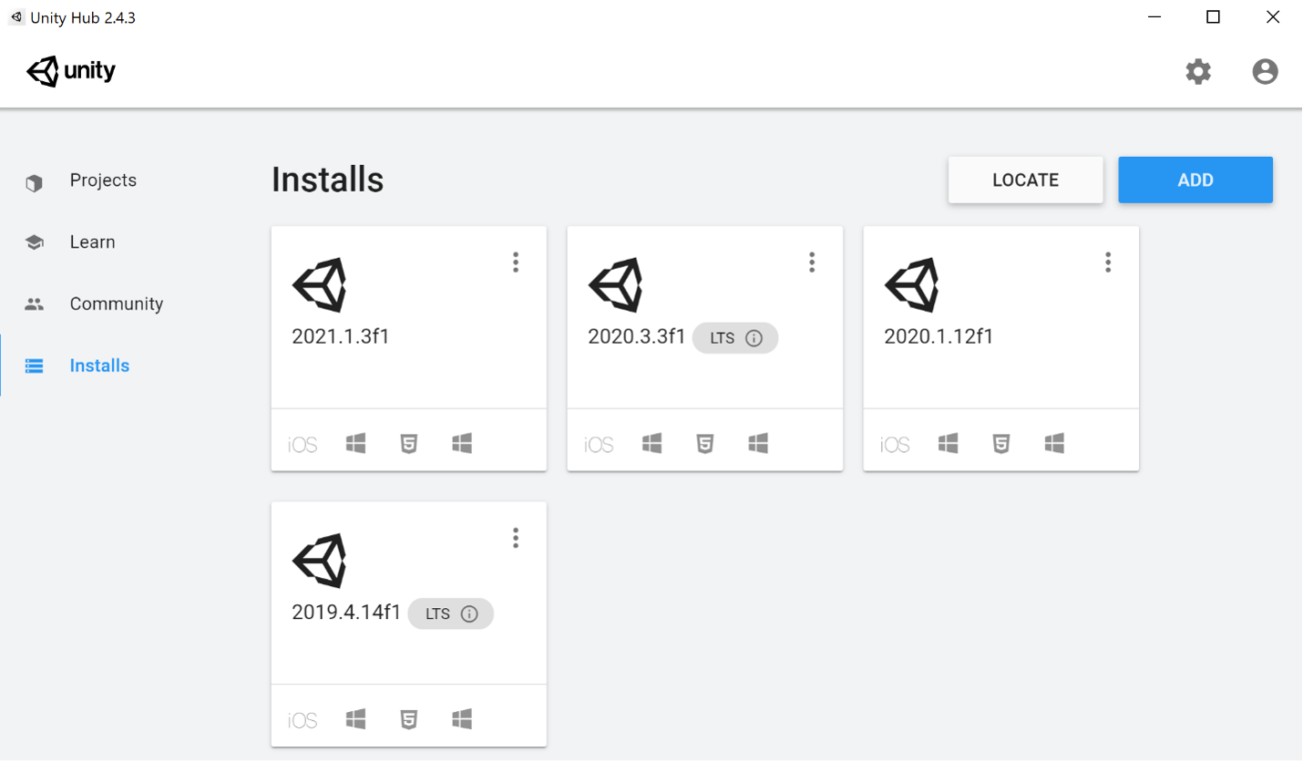 Skärmbild av Unity Hub-programmet som är öppet i installationsfönstret.