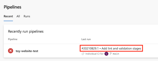 Skärmbild av Azure DevOps med länken till den senaste pipelinekörningen markerad.