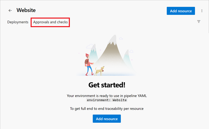 Skärmbild av Azure DevOps-gränssnittet som visar webbplatsmiljön med fliken Godkännanden och kontroller markerade.