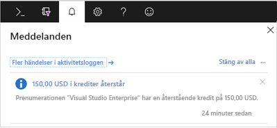 Skärmbild av meddelandefönstret på den globala kontrollmenyn i Azure Portal.