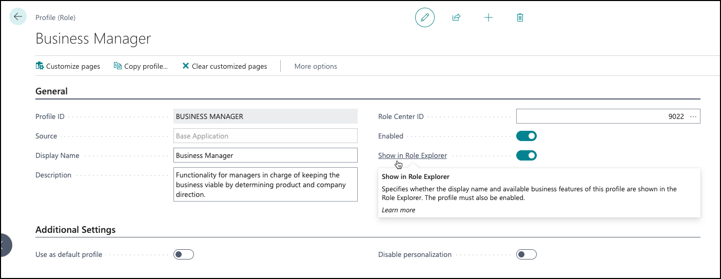 Screenshot of the Profile settings with show in role explorer enabled.