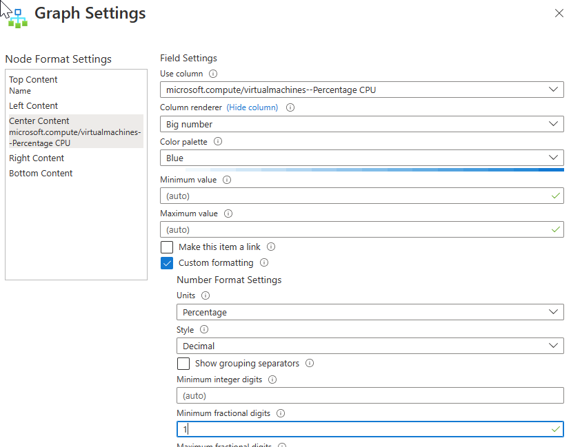 Screenshot that shows the settings for the center content of a graph in a workbook.