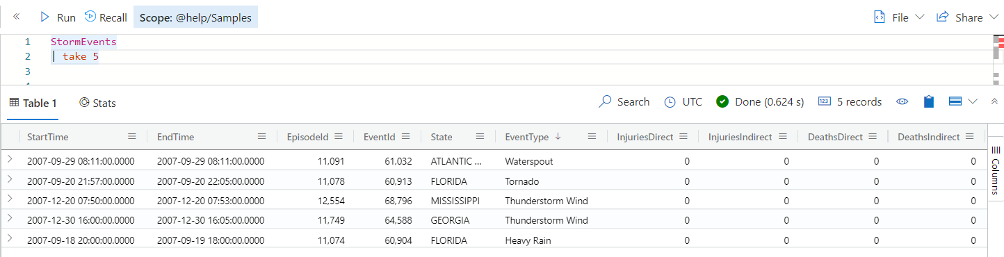 Skärmbild av frågeutdata med fem godtyckliga rader.