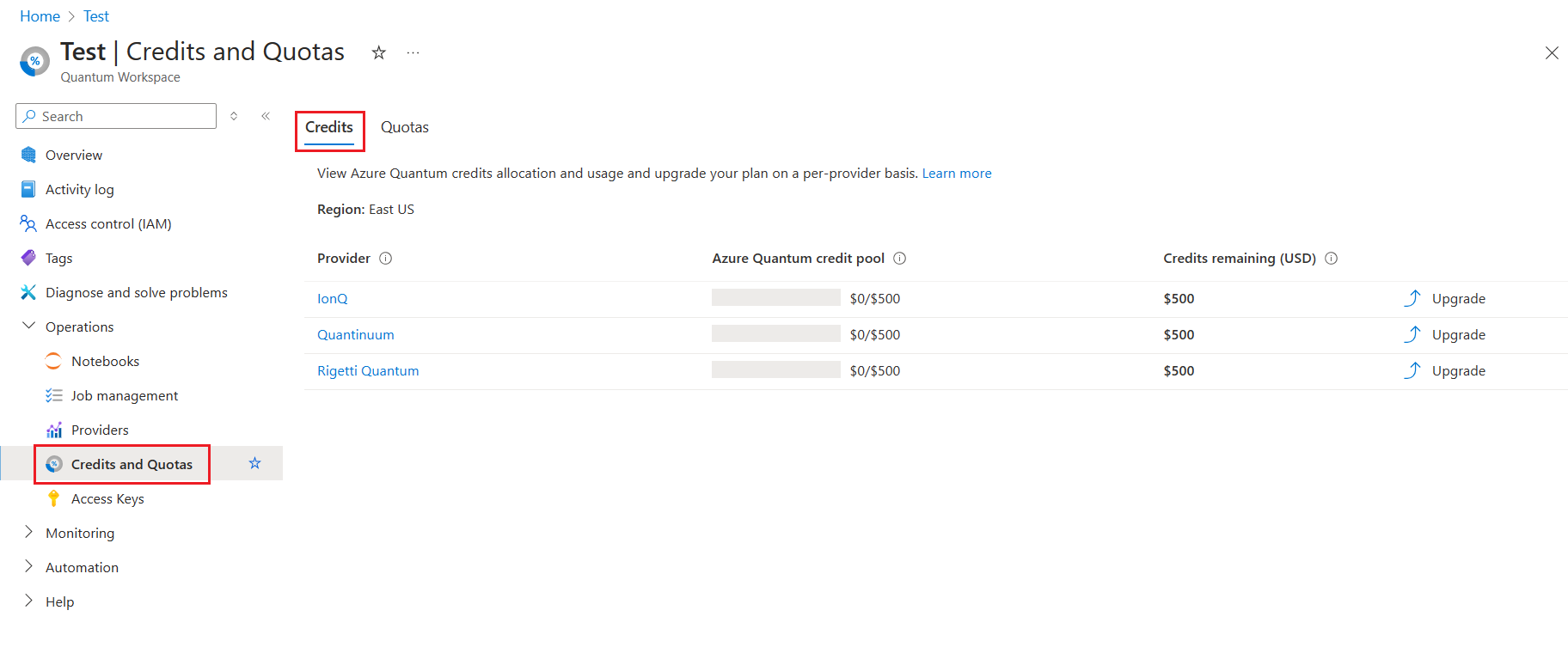 Skärmbild av Azure Portal som visar hur du granskar återstående krediter för din arbetsyta.