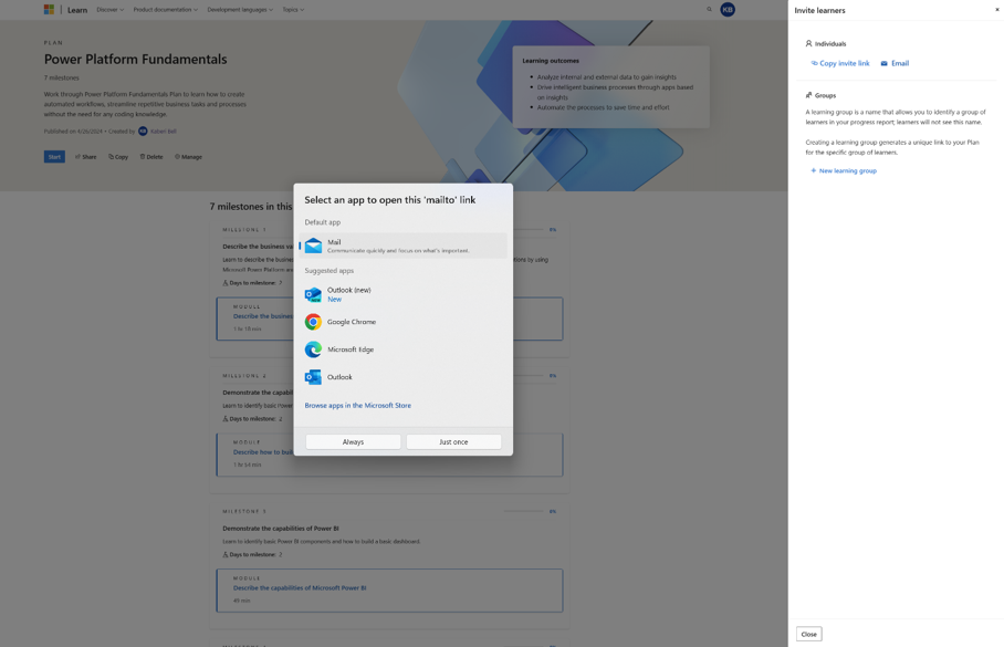 Skärmbild av modalen för att välja vilket e-postprogram du vill använda.