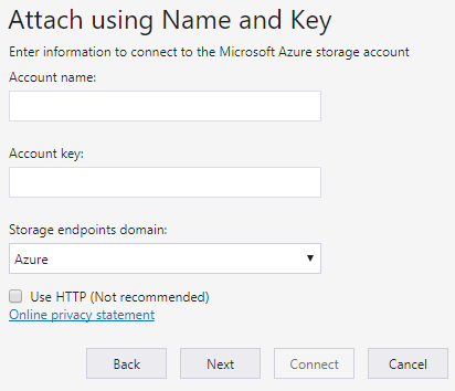 Skärmbild av guiden Azure Storage Explorer för att ansluta till ett externt lagringskonto.