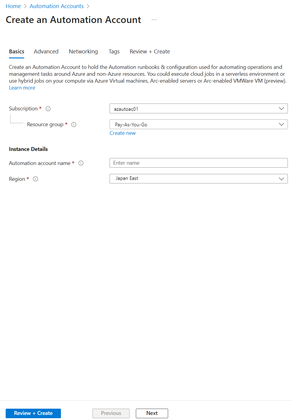 Skärmbild av panelen 'Lägg till Automationskonto' med knappen Ja för att skapa ett Azure Automation-konto markerad.