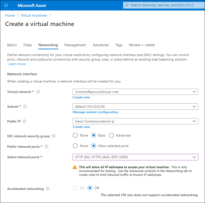 Skärmbild av sidan Skapa en virtuell dator i Azure Portal. Administratören har godkänt standardinställningarna för den här virtuella datorn i ContosoResourceGroup. Enheten är ansluten till ContosoResourceGroup-vnet och tilldelas till ett privat IPv4-undernät. Den virtuella datorn har också en offentlig IPv4-standardadress.