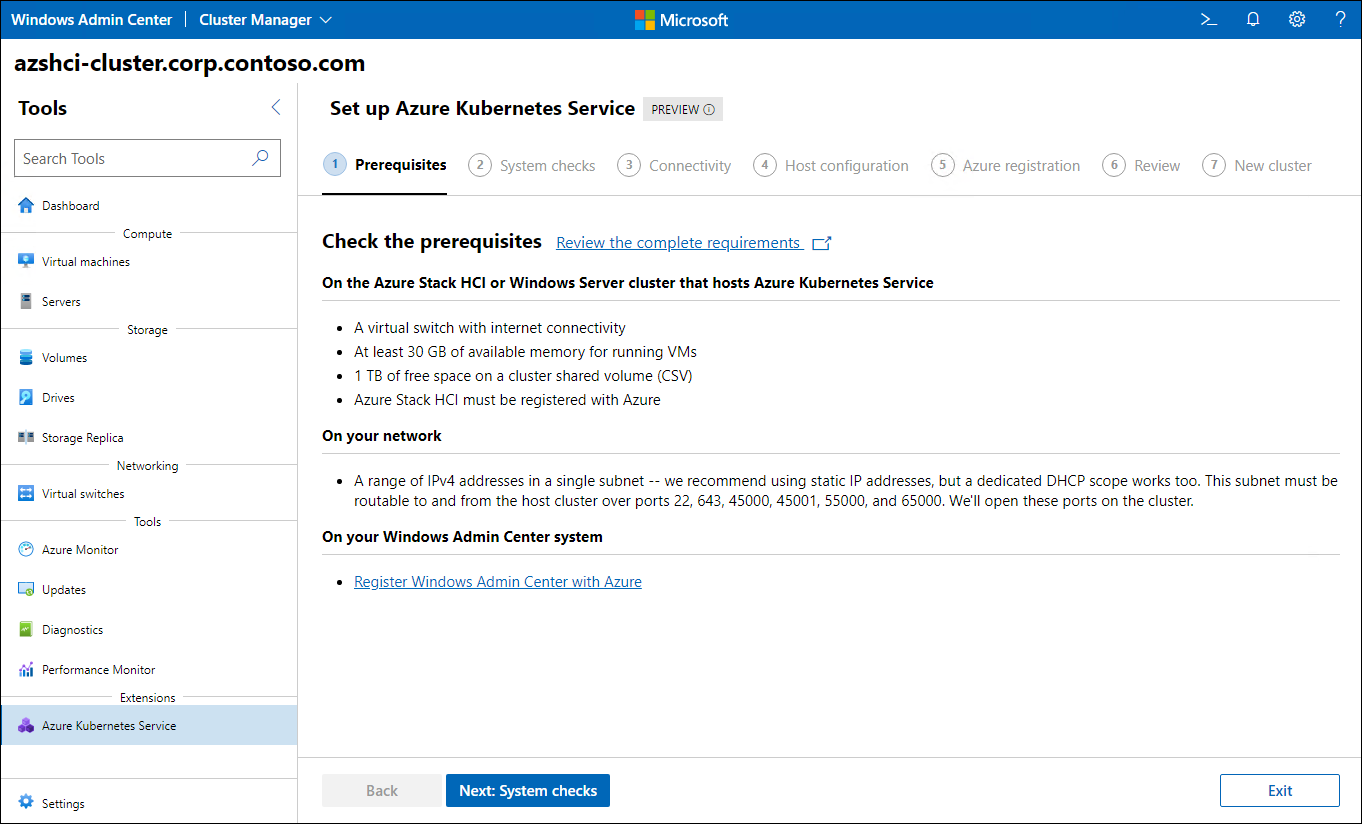 Skärmbilden visar steget Förutsättningar i guiden Konfigurera Azure Kubernetes Service i Administrationscenter för Windows.