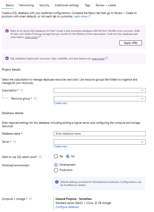 Create SQL Database blade of Azure portal