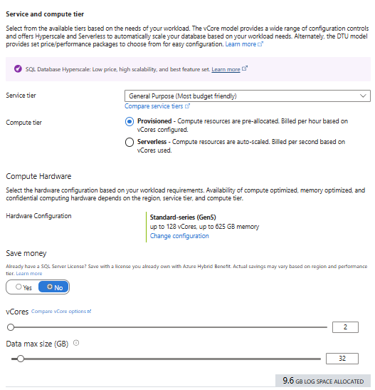 Service Tier selection in Azure portal