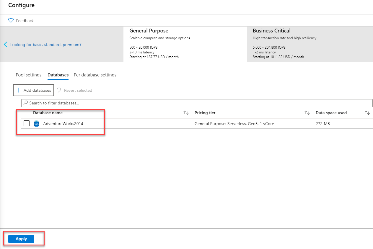 The Final Screen to add a database to an elastic pool