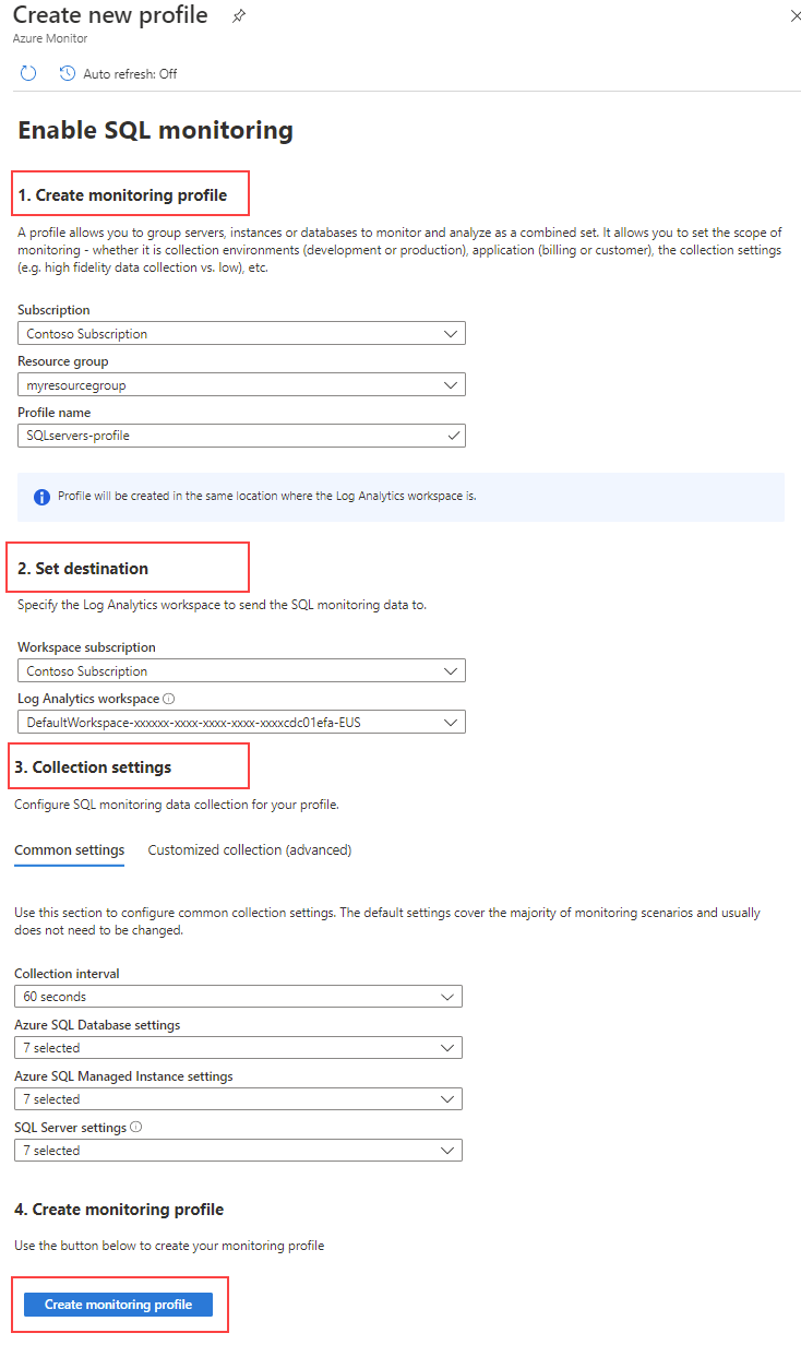 Skärmbild av sidan Skapa ny profil för SQL Insights.