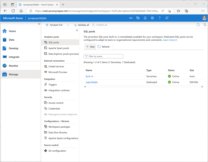 A screenshot of the SQL pools tab in the Manage page of Synapse Studio.