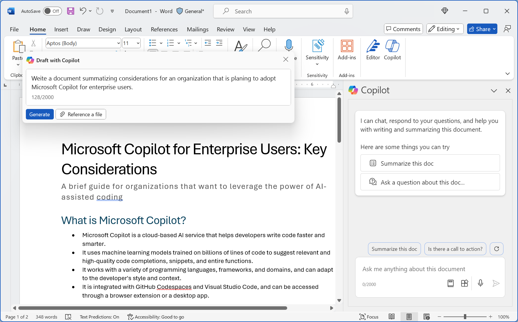 Skärmbild av Microsoft Copilot för Microsoft 365 med ett exempel i Word.