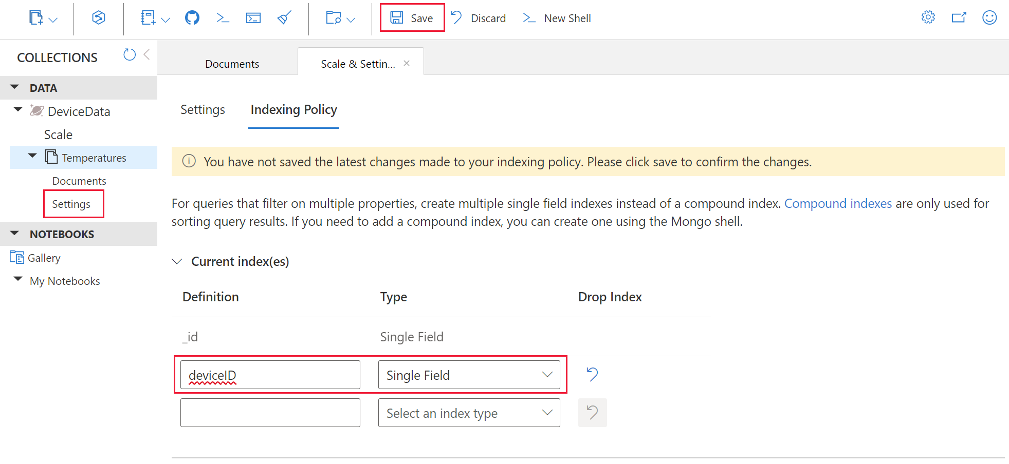 Screenshot showing adding a Cosmos DB indexing policy.