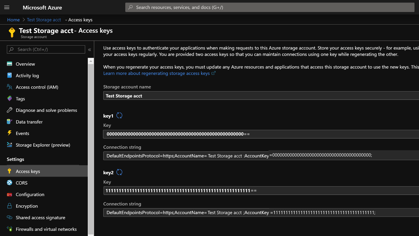 Storage account Access Keys in the Azure Portal.
