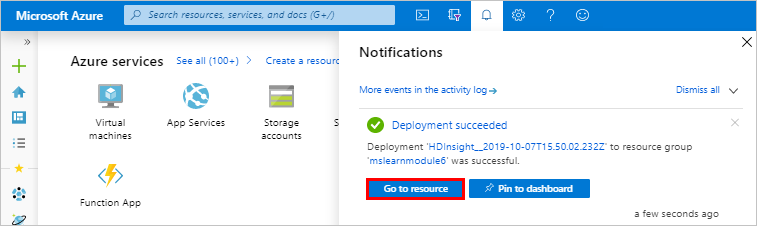 HDInsight-distributionen lyckades skärmen i Azure Portal.