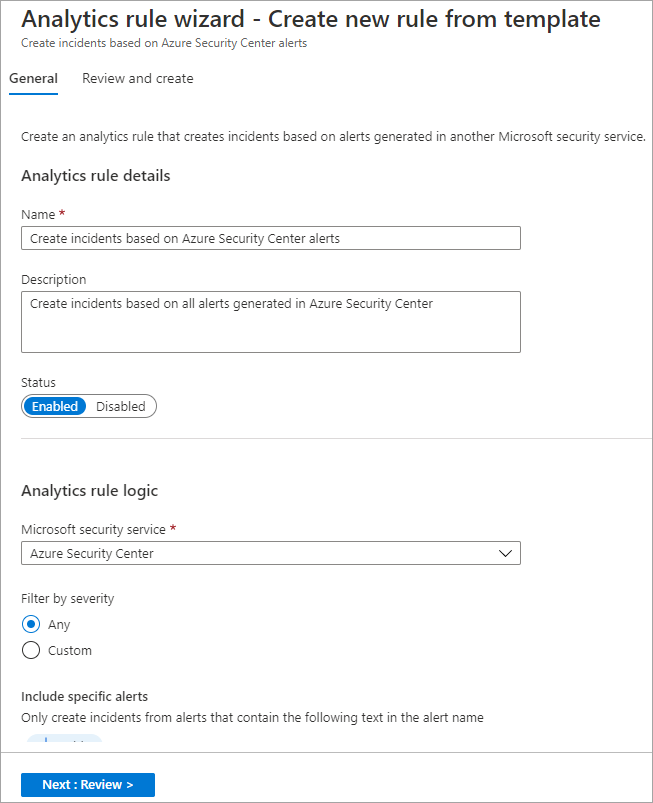 Screenshot of the wizard used to create analytics rules from templates.