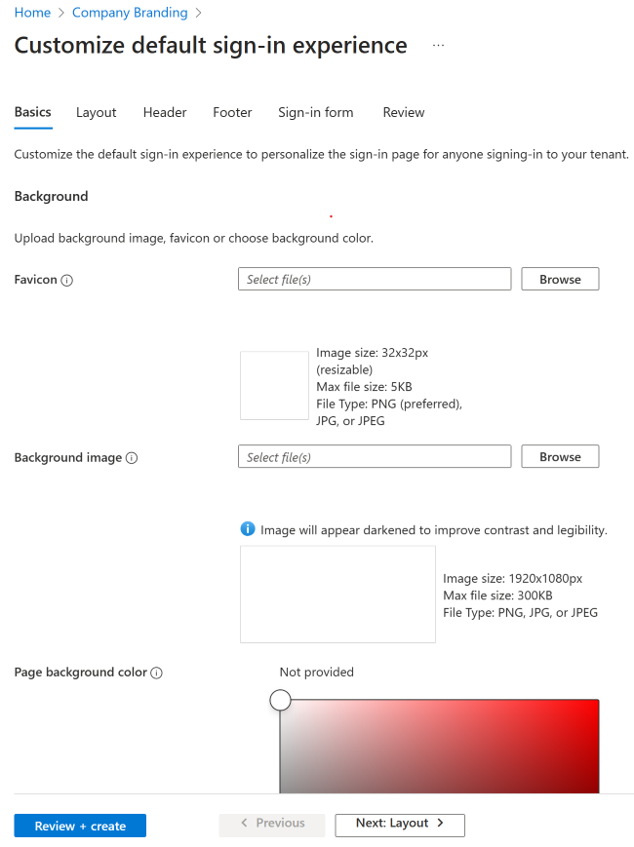 Skärmbild av sidan Företagsanpassning för Microsoft Entra-ID. Du kan välja ett standardspråk, en företagslogotyp och över värden.