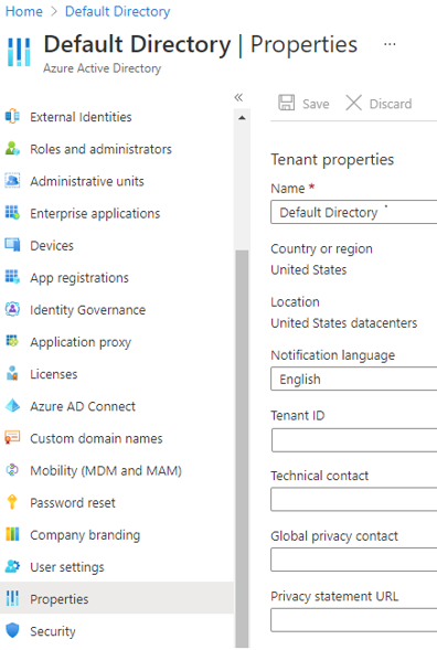 Skärmbild av dialogrutan Egenskaper för Microsoft Entra-ID. Konfigurera definitionen av din klientorganisation.