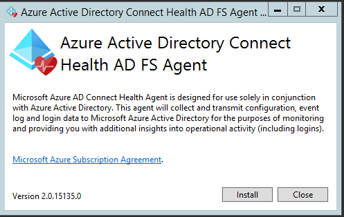 Screenshot of the installation window for the Azure Microsoft Entra Connect Health AD FS agent.