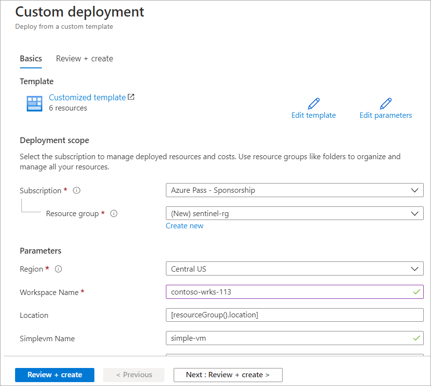 Screenshot of the custom deployment inputs for a Microsoft template.