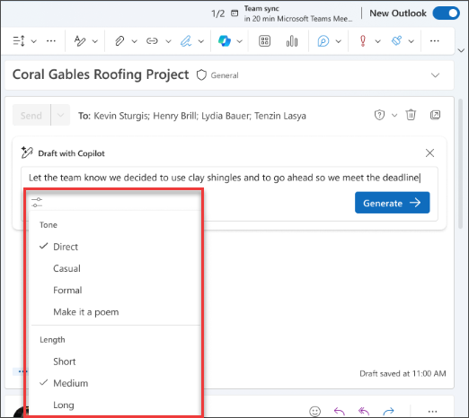 Screenshot of the available options to customize your draft in Copilot in Outlook.