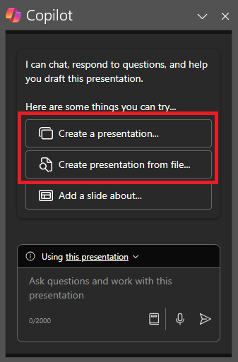 Screenshot of the Copilot panel in PowerPoint upon first opening.