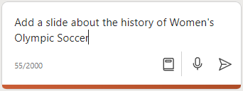 Screenshot of Copilot in PowerPoint compose box with a prompt entered.
