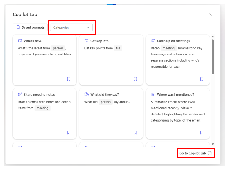 Screenshot showing the Copilot Labs window with the Category and Go to Copilot Lab options highlighted.