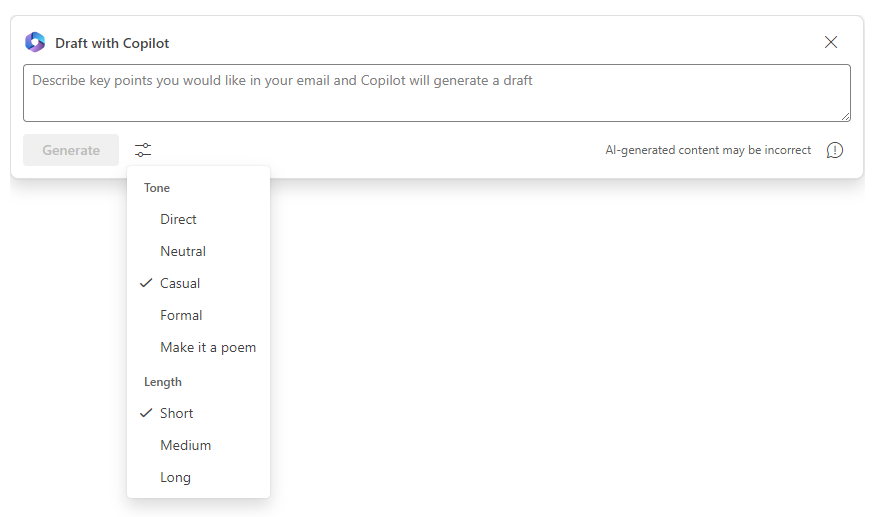 Screenshot displaying tone and length adjustments for draft with Copilot.