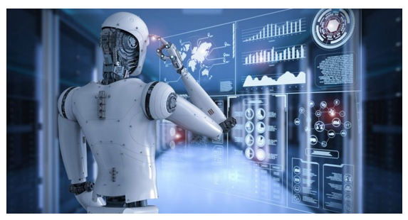 Diagram showing a robot looking at servers filled with data.