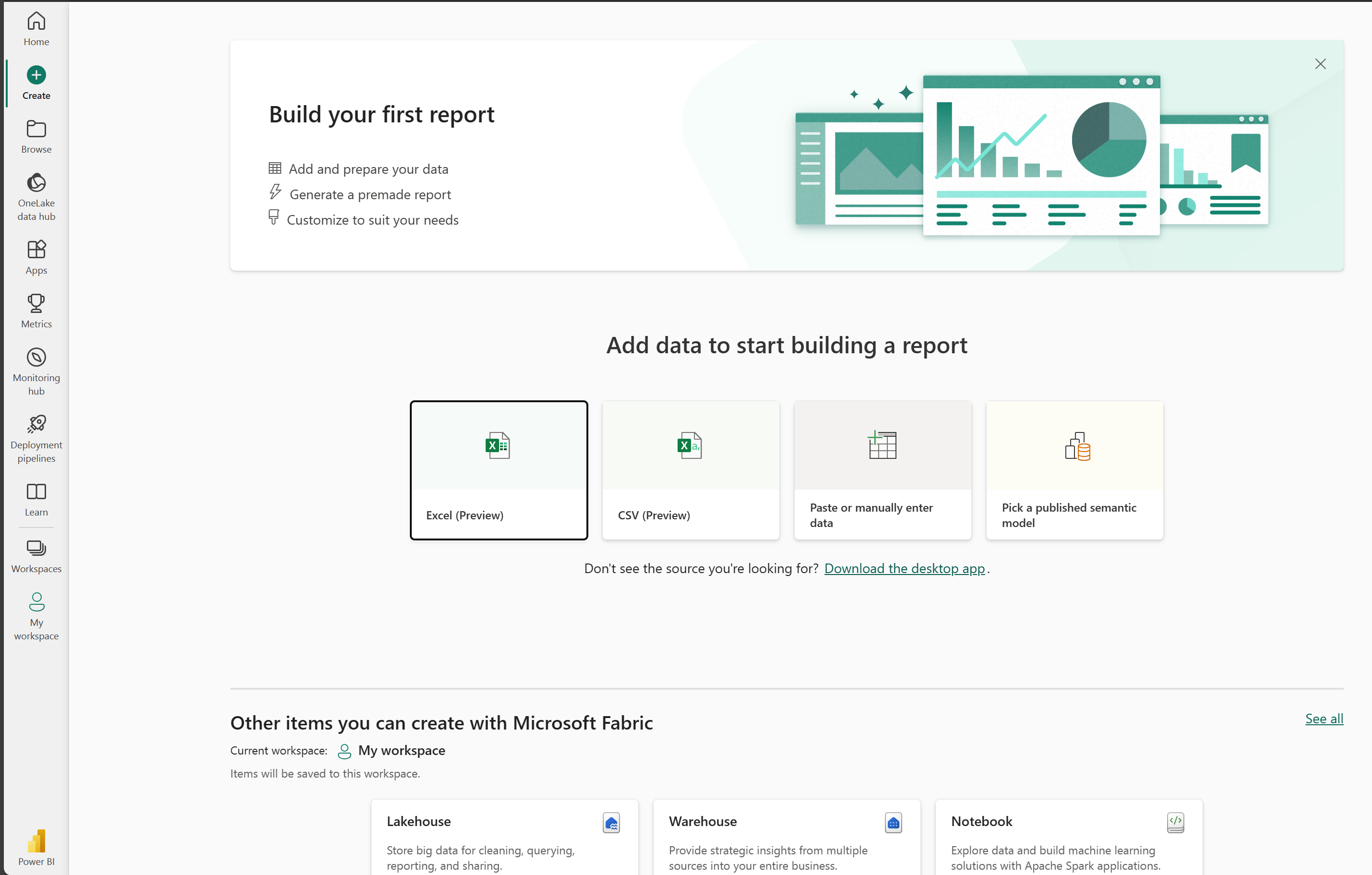 Skärmbild av Power BI-tjänst med menyn Skapa markerad i det övre vänstra hörnet i användargränssnittet.