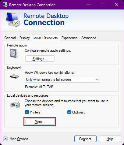 Skärmbild av dialogrutan Anslutning till fjärrskrivbord med fliken Lokala resurser markerad och knappen Mer markerad.
