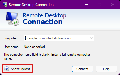 Skärmbild av dialogrutan Anslutning till fjärrskrivbord med knappen Visa alternativ som kan expanderas markerad.
