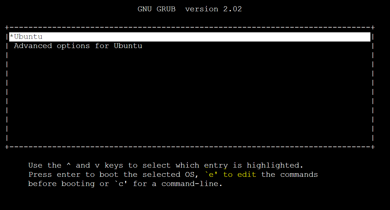 Skärmbild av *Ubuntu-posten i starten av den valda OS-skärmen i GRUB.