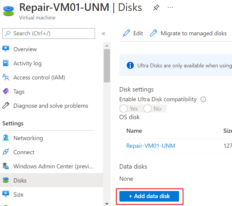 Skärmbild av bladet Diskar på den virtuella reparationsdatorn i Azure Portal med knappen Lägg till datadisk markerad.