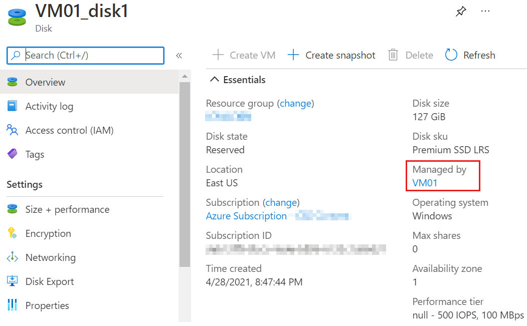 Skärmbild av översiktsbladet för en disk i Azure Portal, som anger att disken hanteras av ett V M.