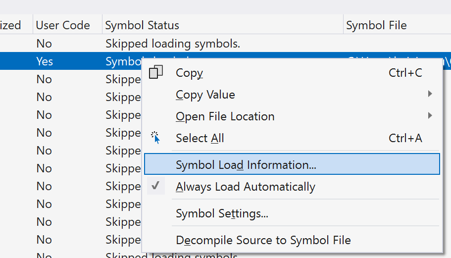 Skärmbild av information om symbolinläsning i fönstret Moduler.